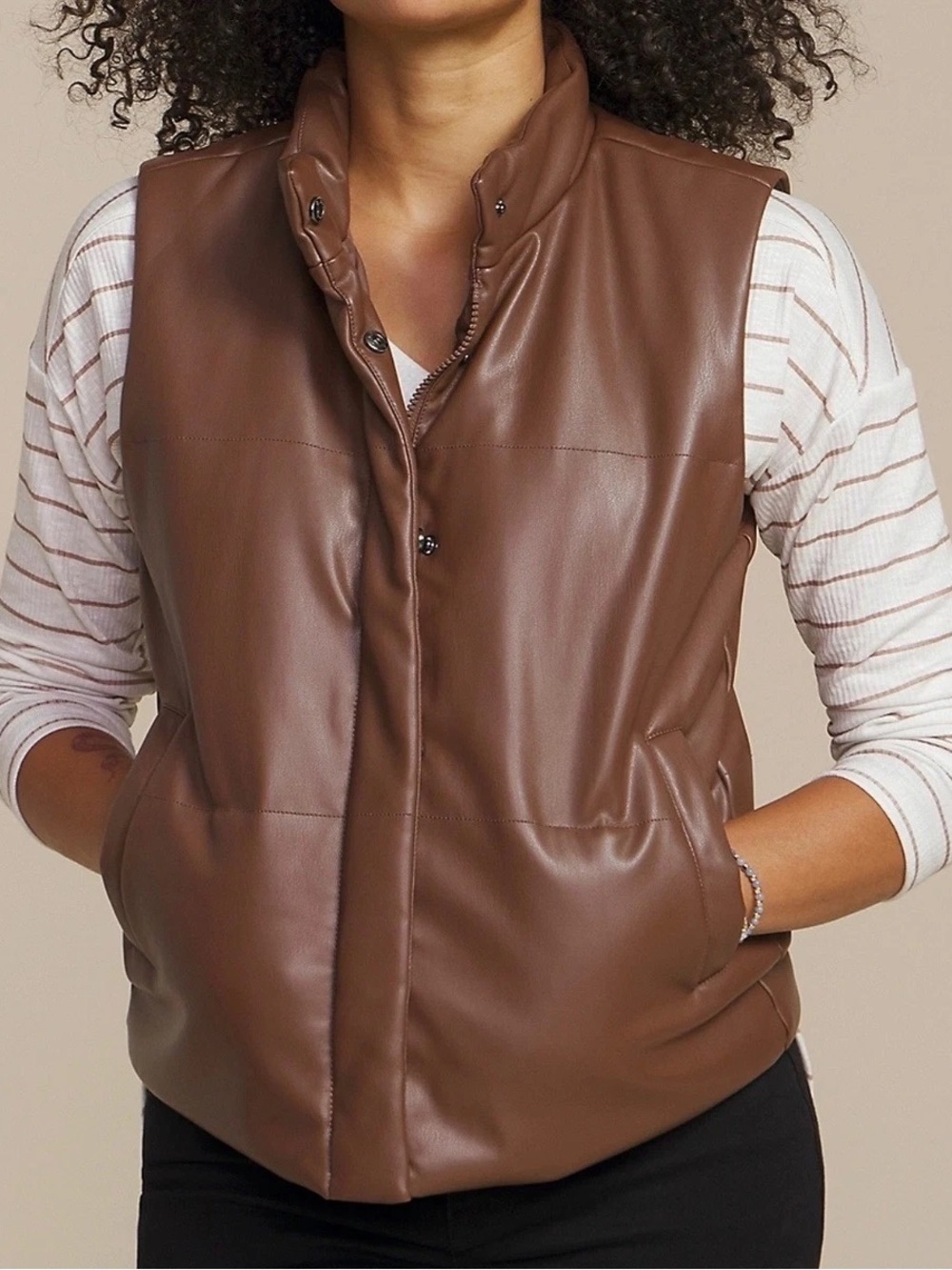 Maurices Faux Leather Vest Solid Cognac Brown Collared Puffer Medium Women’s